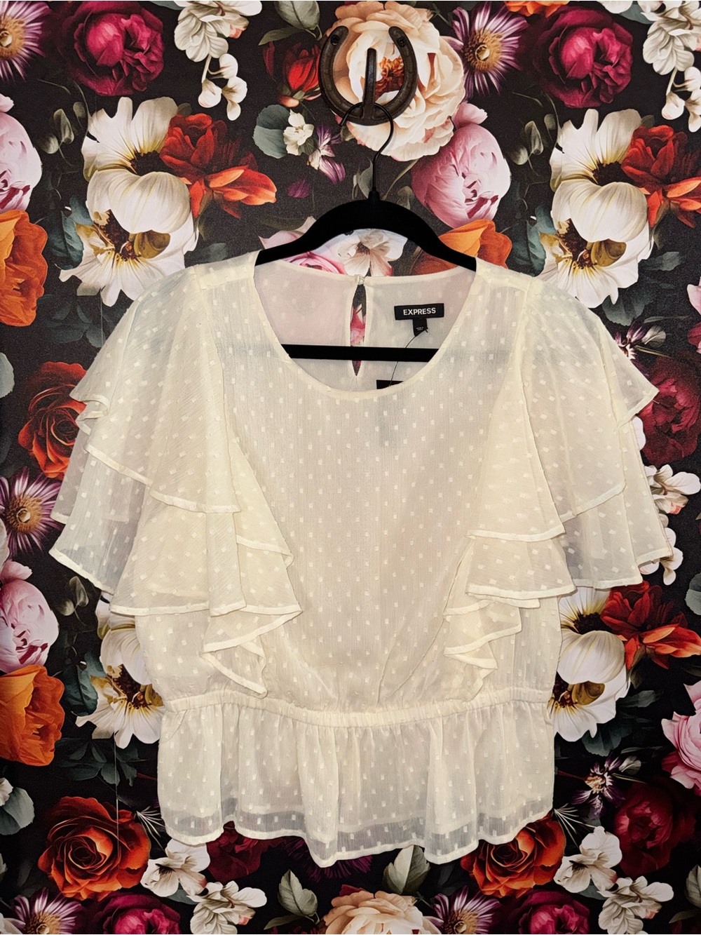 Express Cream Polka-Dot Semi-Sheer Ruffle Peplum Blouse, Large, NWT
